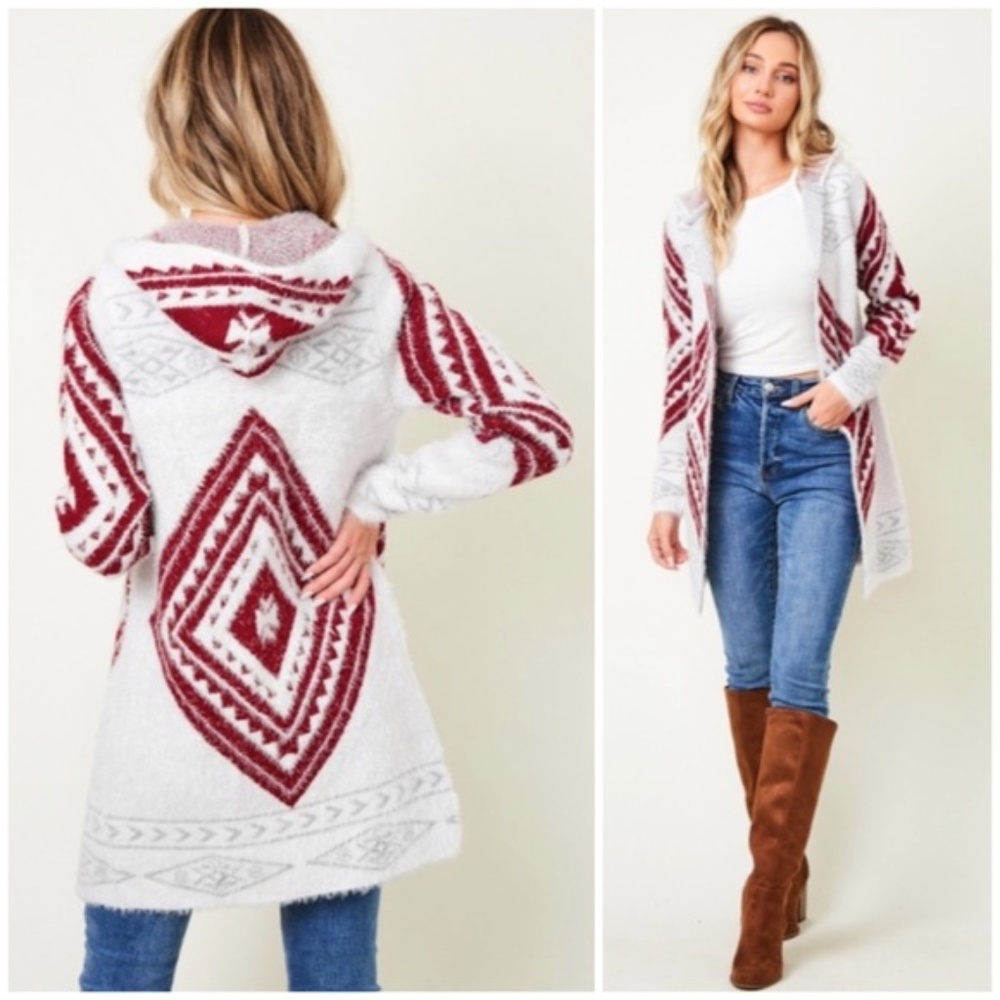 SOLD OUT Wine Fuzzy Soft Knit Long Sleeve Aztec Tribal Native Western Cardigan - Picture 1 of 9